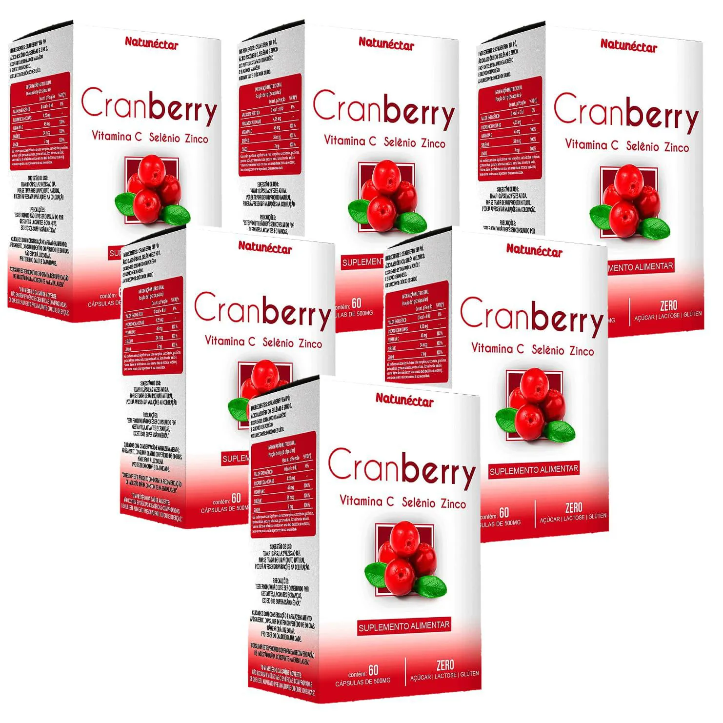 6x Cranberry + Vitamina C + Selênio + Zinco - 60 Cápsulas. 500mg