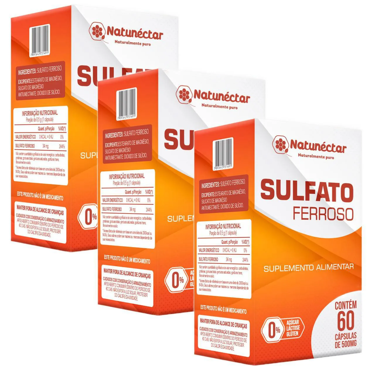 3x Sulfato Ferroso - 500mg 60 cápsulas - Natunéctar