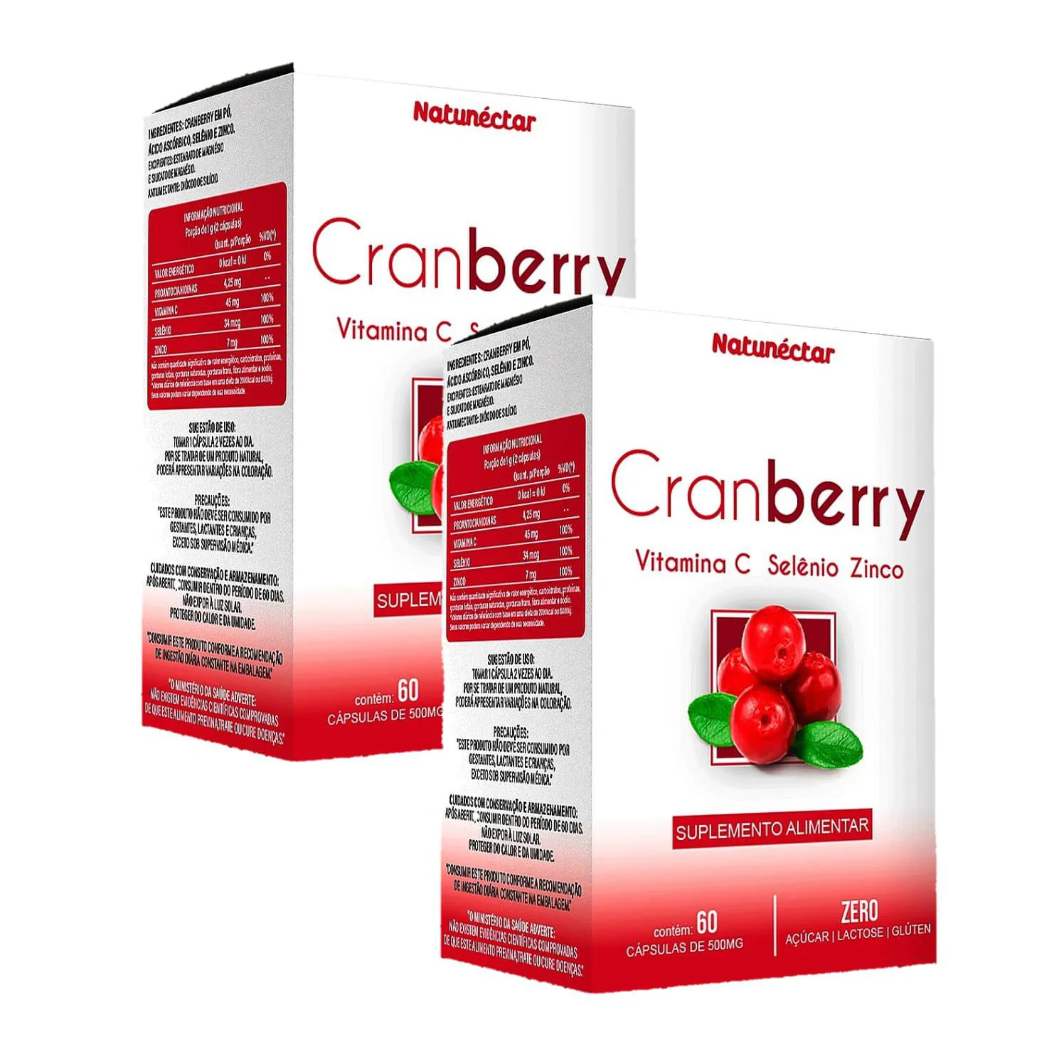 2x Cranberry + Vitamina C + Selênio + Zinco - 60 Cápsulas. 500mg