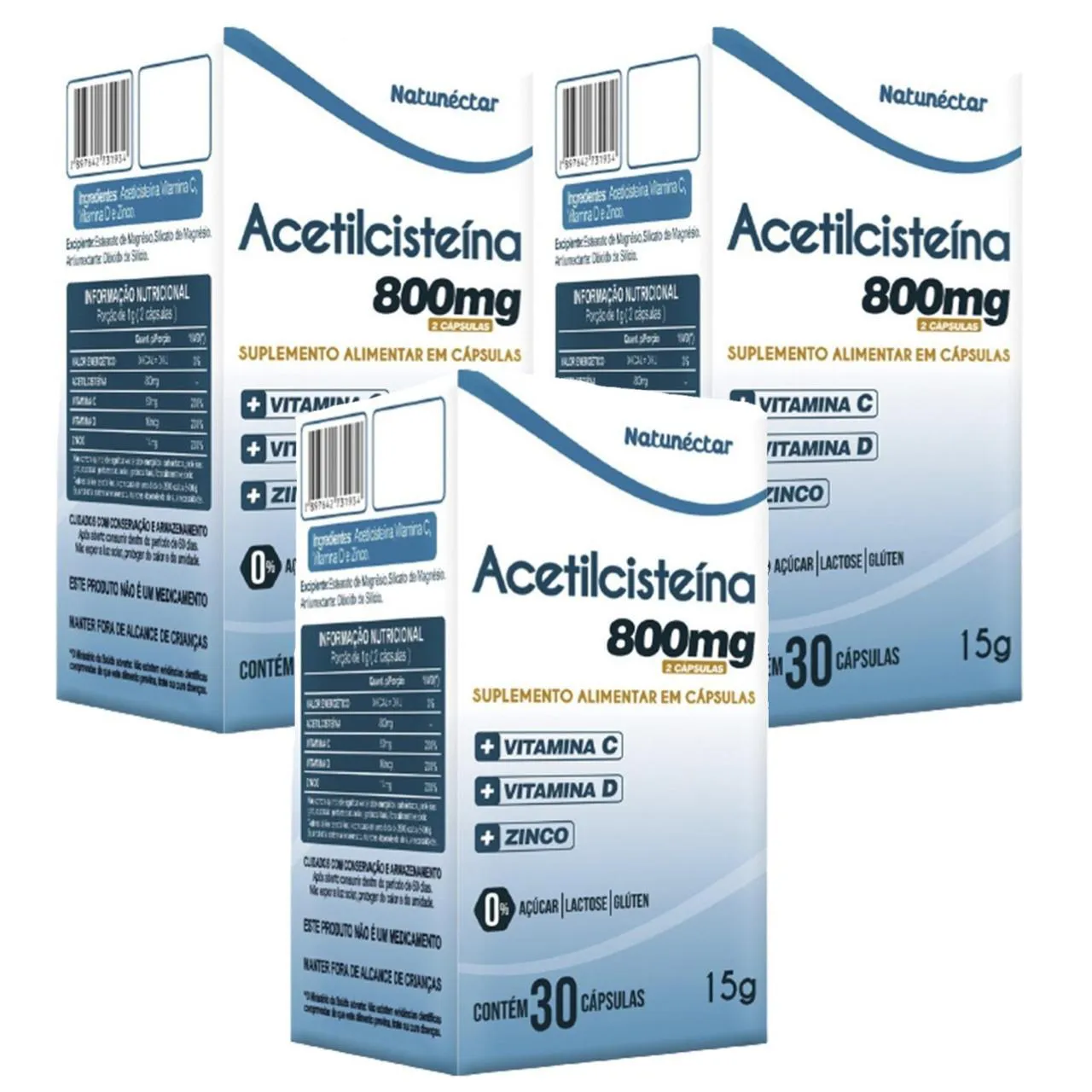 3x Acetilcisteína - Nac - 30 Cápsulas. - 800mg - Vitamina C D e Zinco