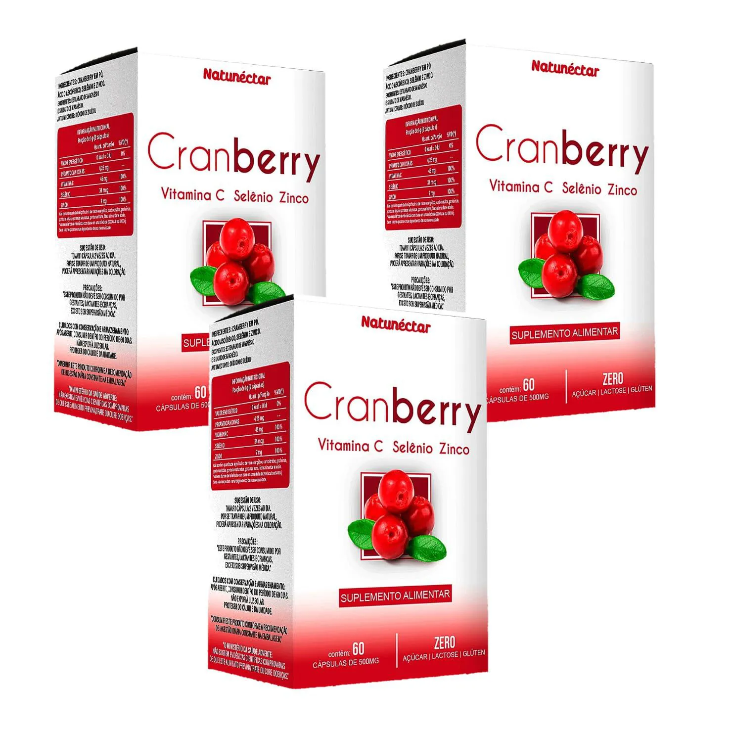 3x Cranberry + Vitamina C + Selênio + Zinco- 60 Cápsulas. 500mg