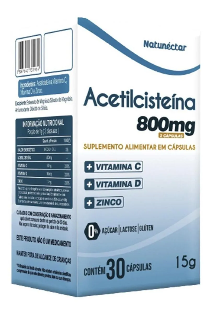 Acetilcisteína 800mg + Vitamina C + Vitamina D + Zinco Natunéctar 30 Cápsulas
