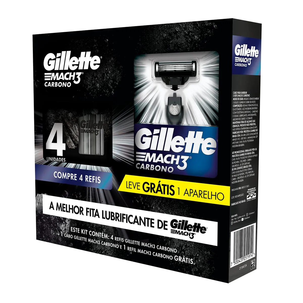 Kit Aparelho de Barbear Descartável Gillette Mach3 Carbono Carvão Ativado + 4 Refis
