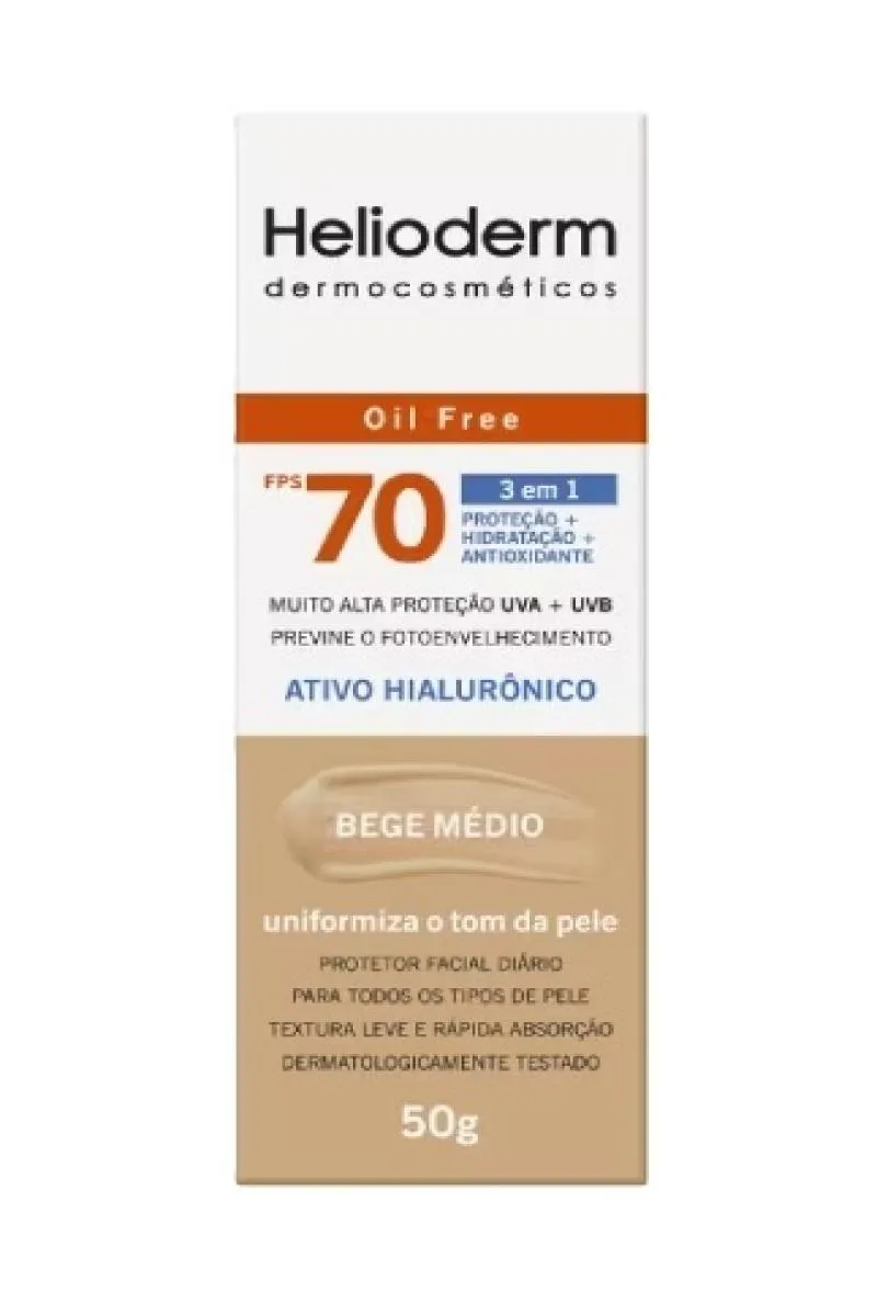 Heliodem Facial Bege Médio Fps 70 Oil Free Ativo Hialurônico 50G - Kley Hertz