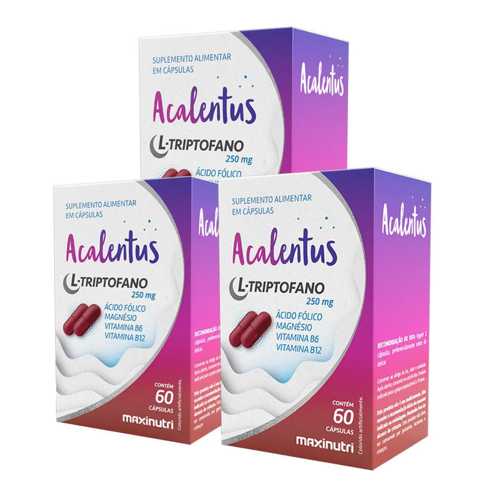 Kit 3 Acalentus L - Triptofano Ácido Fólico Magnésio Vitamina B6 E B12 Maxinutri 60 cápsulas
