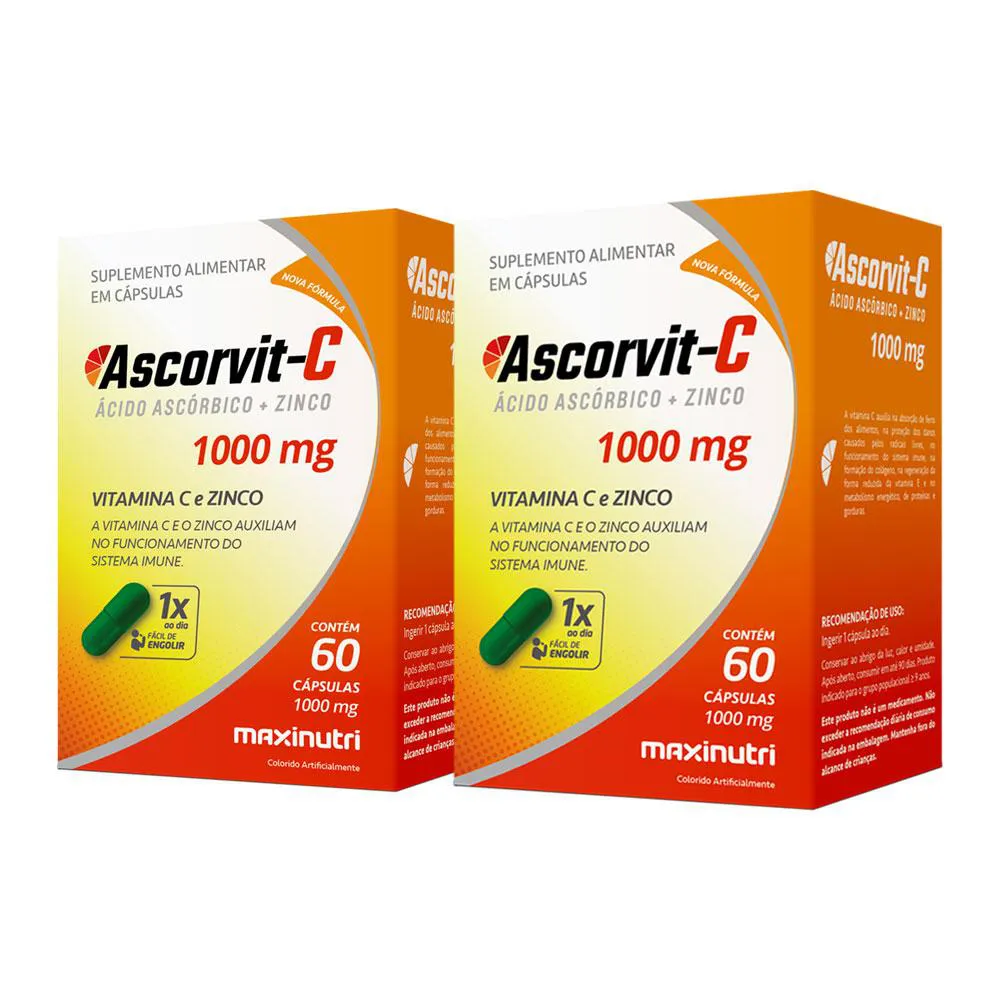 Kit 2 Ascorvit Ácido Ascórbico Vitamina C E Zinco 60 Cápulas Maxinutri