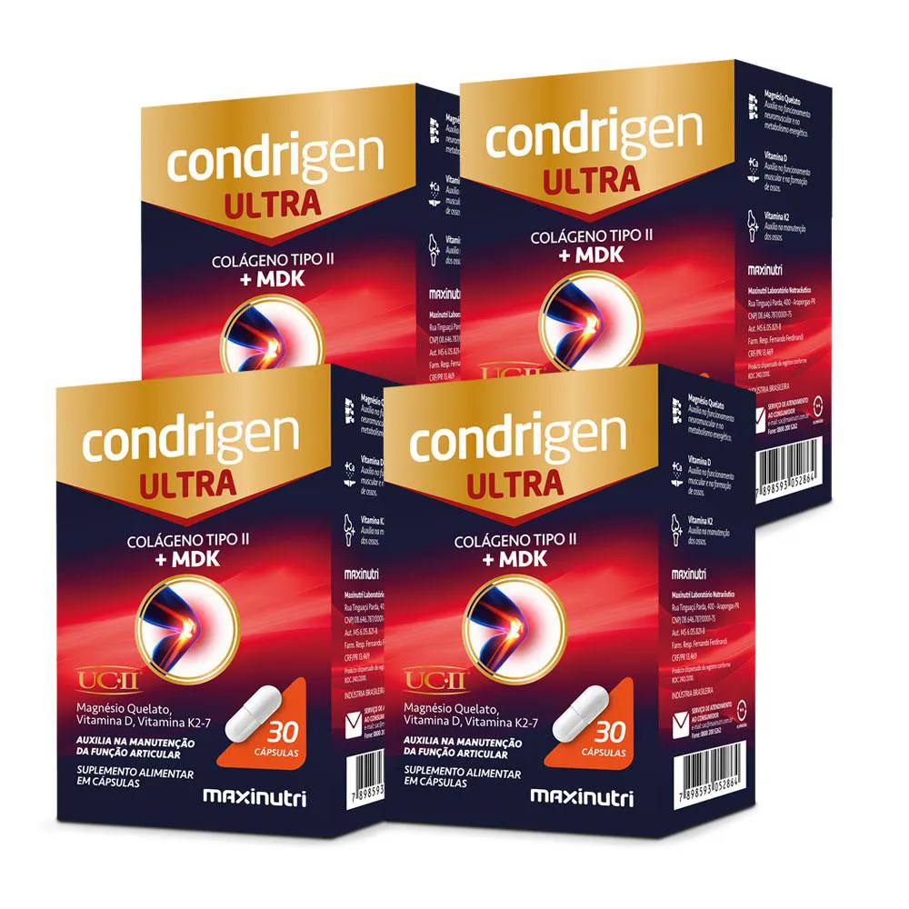 Kit 4 Condrigen Ultra Colágeno 2 Ucii + Magnésio Quelato Vitamina K2 - 7 30 cápsulas Maxinutri