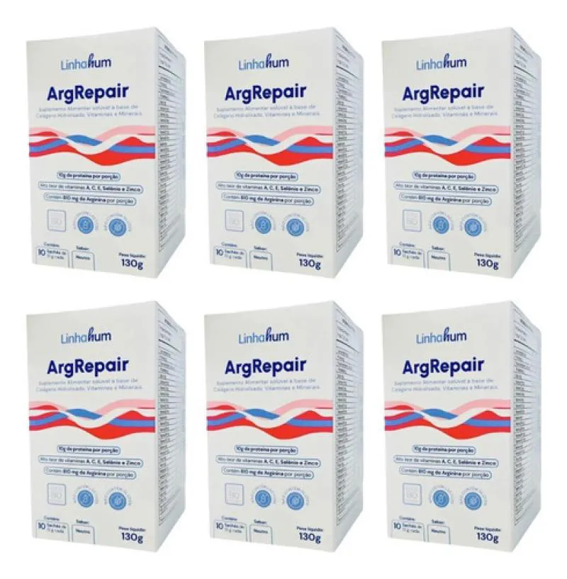 Kit 6 Pack Suplemento Argrepair Cicatrização Pós Op Linhahum 130g Branco Neutro