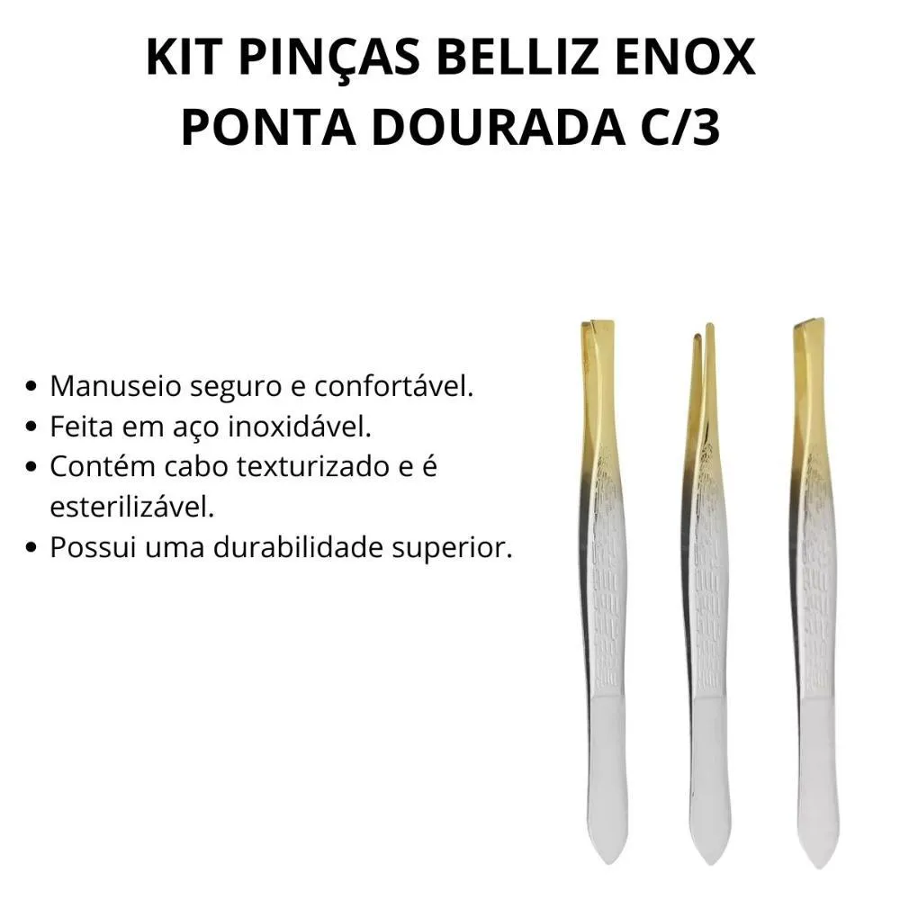 Kit Pinças Belliz Enox Ponta Dourada C/3
