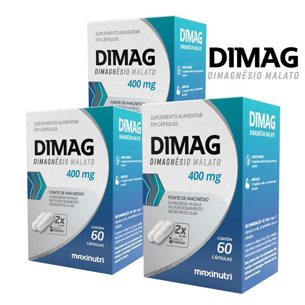 KIT 3 SUPLEMENTO MINERAL DIMAG DIMALATO DE MAGNéSIO 400MG 60 CáPS MAXINUTRI