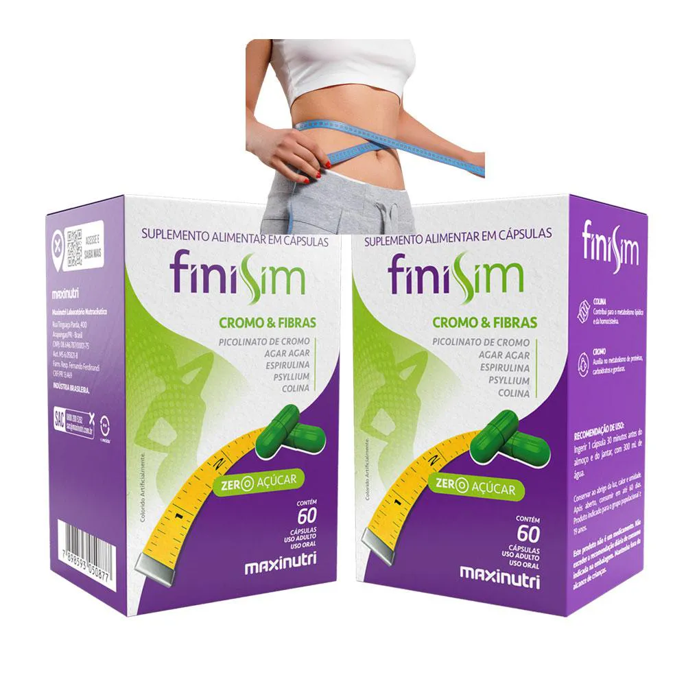 KIT 2 FINISIM CROMO COLINA ÁGAR ESPIRULINA E PSYLLIUM 60 CáPS MAXINUTRI