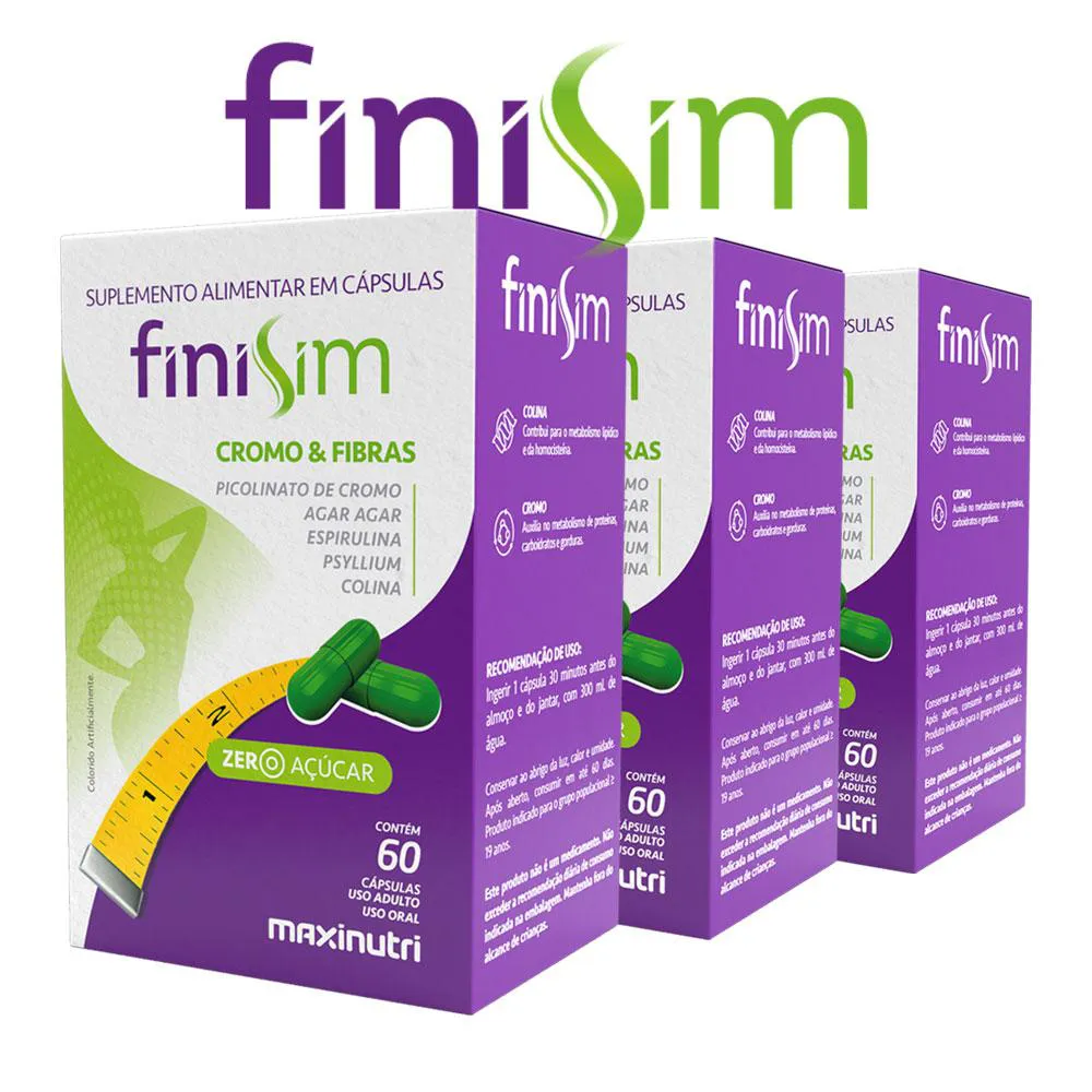 Kit 3 Finisim Cromo Colina Ágar Espirulina E Psyllium 60 cápsulas Maxinutri