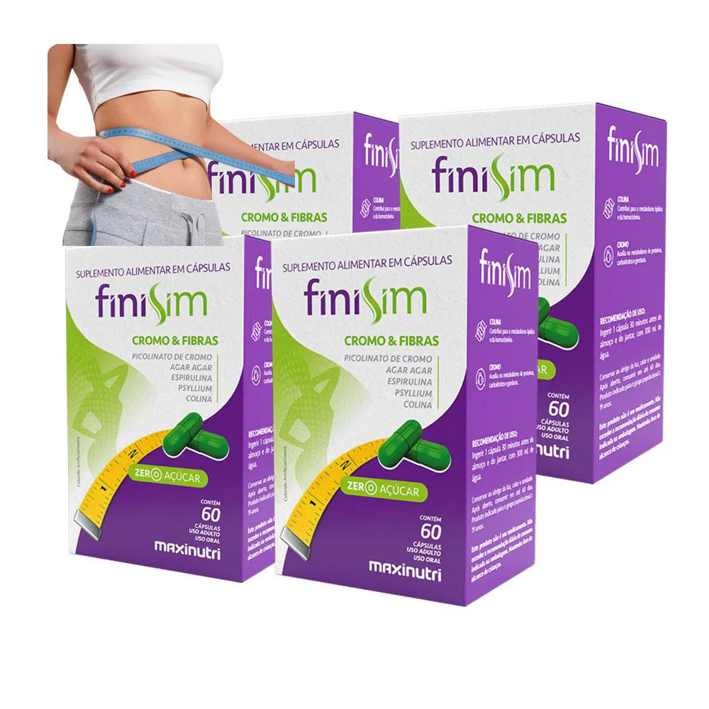 KIT 4 FINISIM CROMO COLINA ÁGAR ESPIRULINA E PSYLLIUM 60 CáPS MAXINUTRI