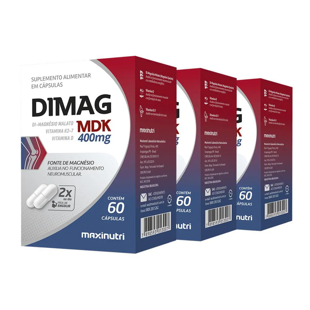 Kit 3 Dimag Mdk Di - Magnésio Malato com Vitamina D3 E K2 - 7 60 cápsulas Maxinutri