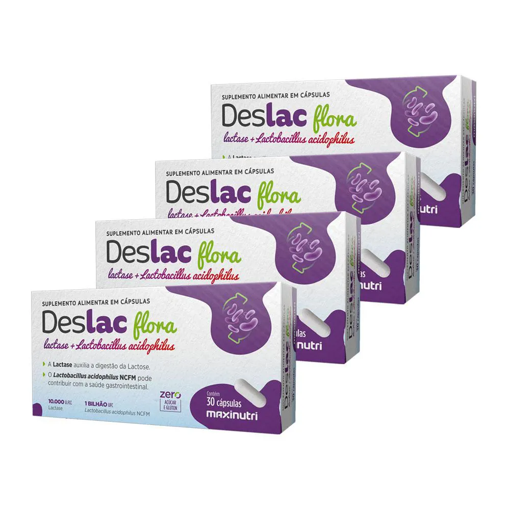 KIT 4 DESLAC FLORA LACTASE + LACTOBACILLUS ACIDOPHILUS 30 CáPS MAXINUTRI