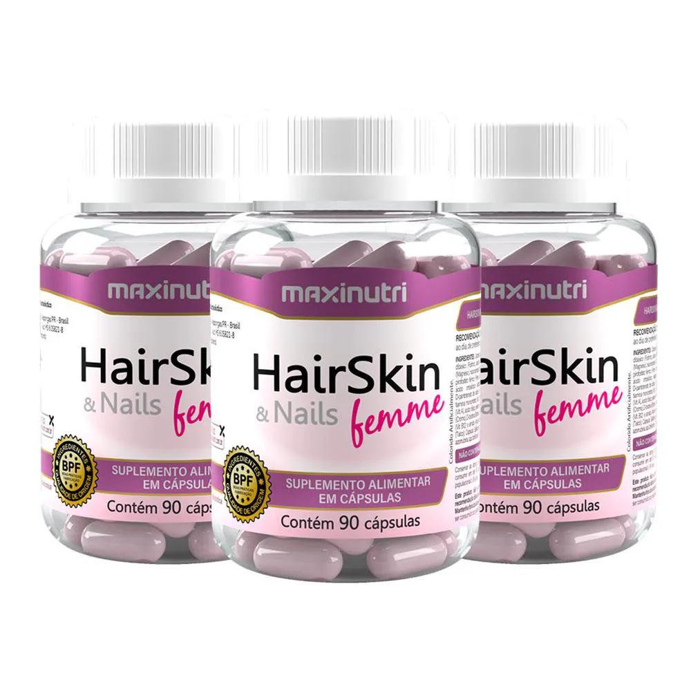 KIT 3 HAIRSKIN NAILS FEMME CABELOS PELE E UNHAS 90 CáPS MAXINUTRI