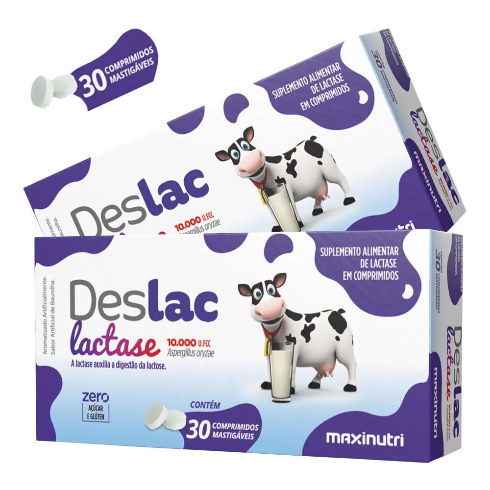 KIT 2 DESLAC LACTASE ENZIMA MASTIGáVEL 30 COMPRIMIDOS MAXINUTRI