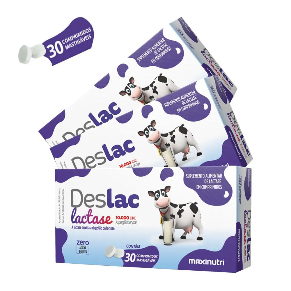 KIT 3 DESLAC LACTASE ENZIMA MASTIGáVEL 30 COMPRIMIDOS MAXINUTRI
