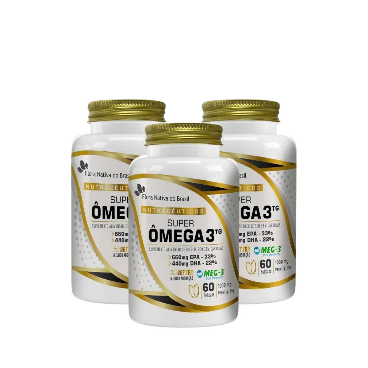3x Ômega 3 1000 Mg Concentrado Isento Metais Pesados 60 cápsulas
