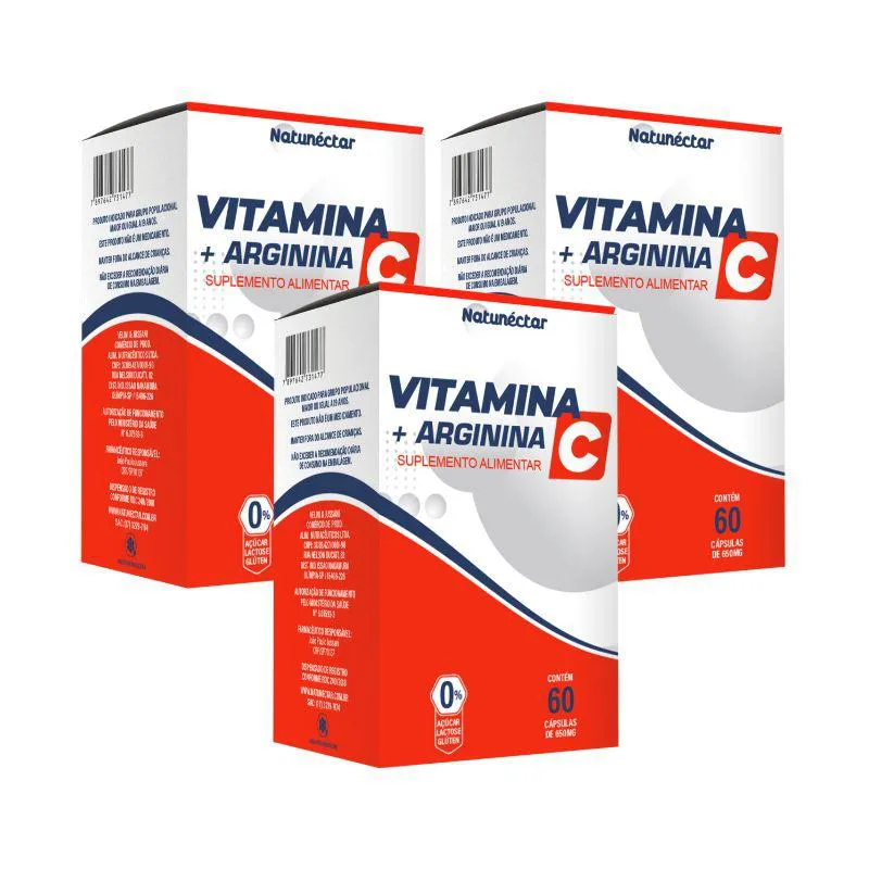 Kit Vitamina C + Arginina Fortalecedor Imunológico Natunéctar 650mg - 3 Unid (180 Cápsulas)