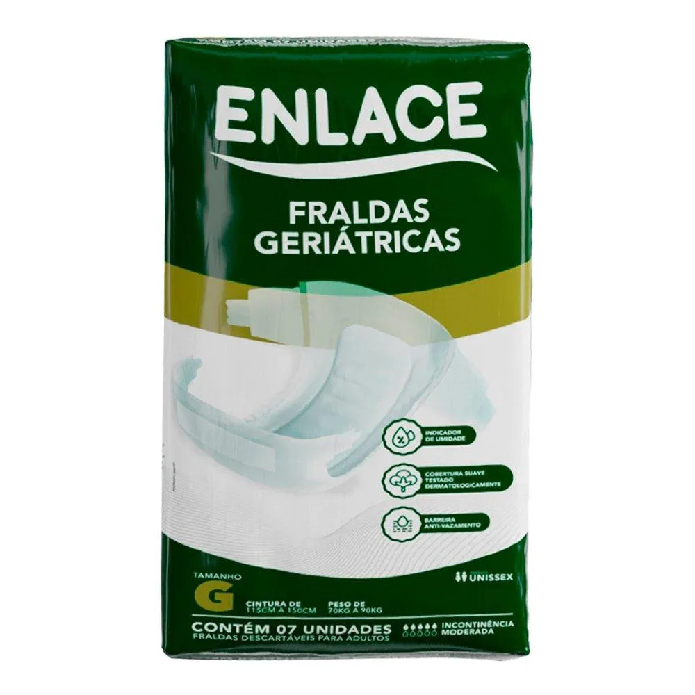 Fralda Descartável Enlace Adulto Tamanho G - 8 Pacotes com 7 Fraldas - Total 56 Tiras