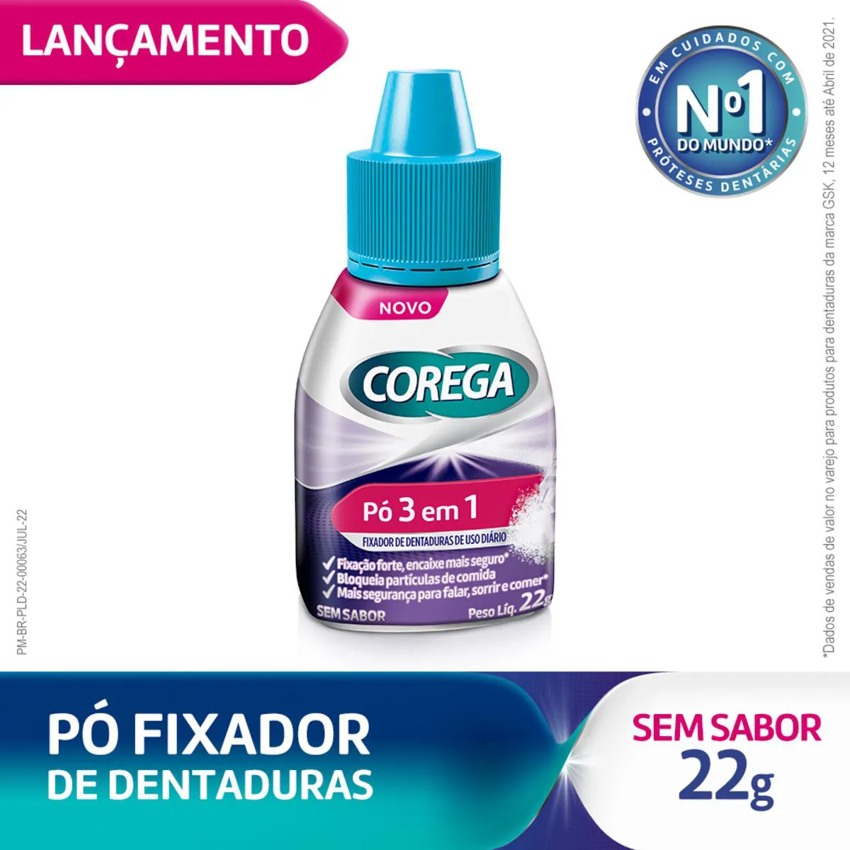 Pó Fixador de Dentaduras Corega 3 em 1 Sem Sabor 22g
