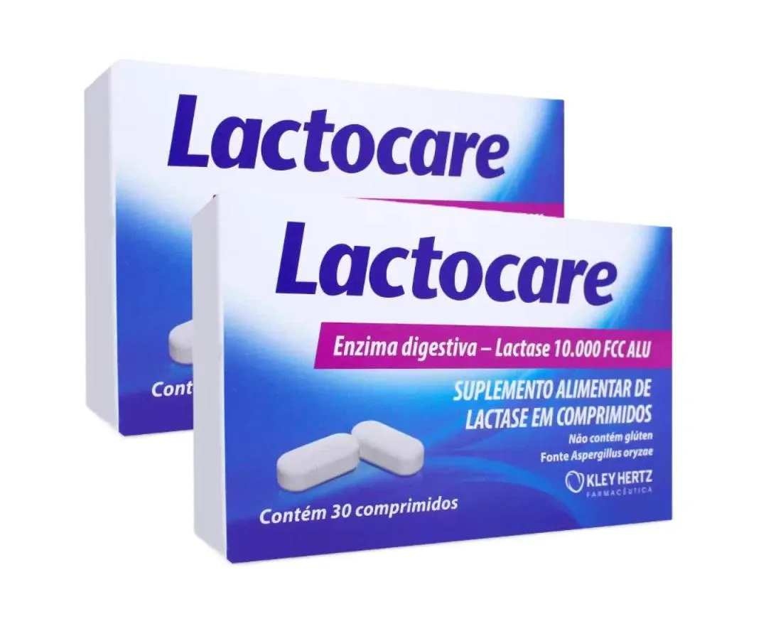 Lactocare Enzima Digestiva Suplemento de Lactase 30 comprimidos 10.000 Fcc Alu - Kit 2 - Kley Hertz