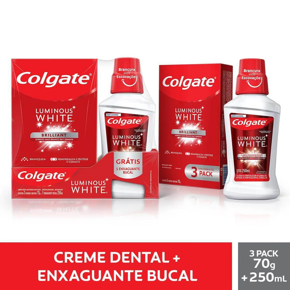 Kit Colgate Luminous White Brilliant Creme Dental 70g 3 unidades + Enxaguante Bucal 250ml