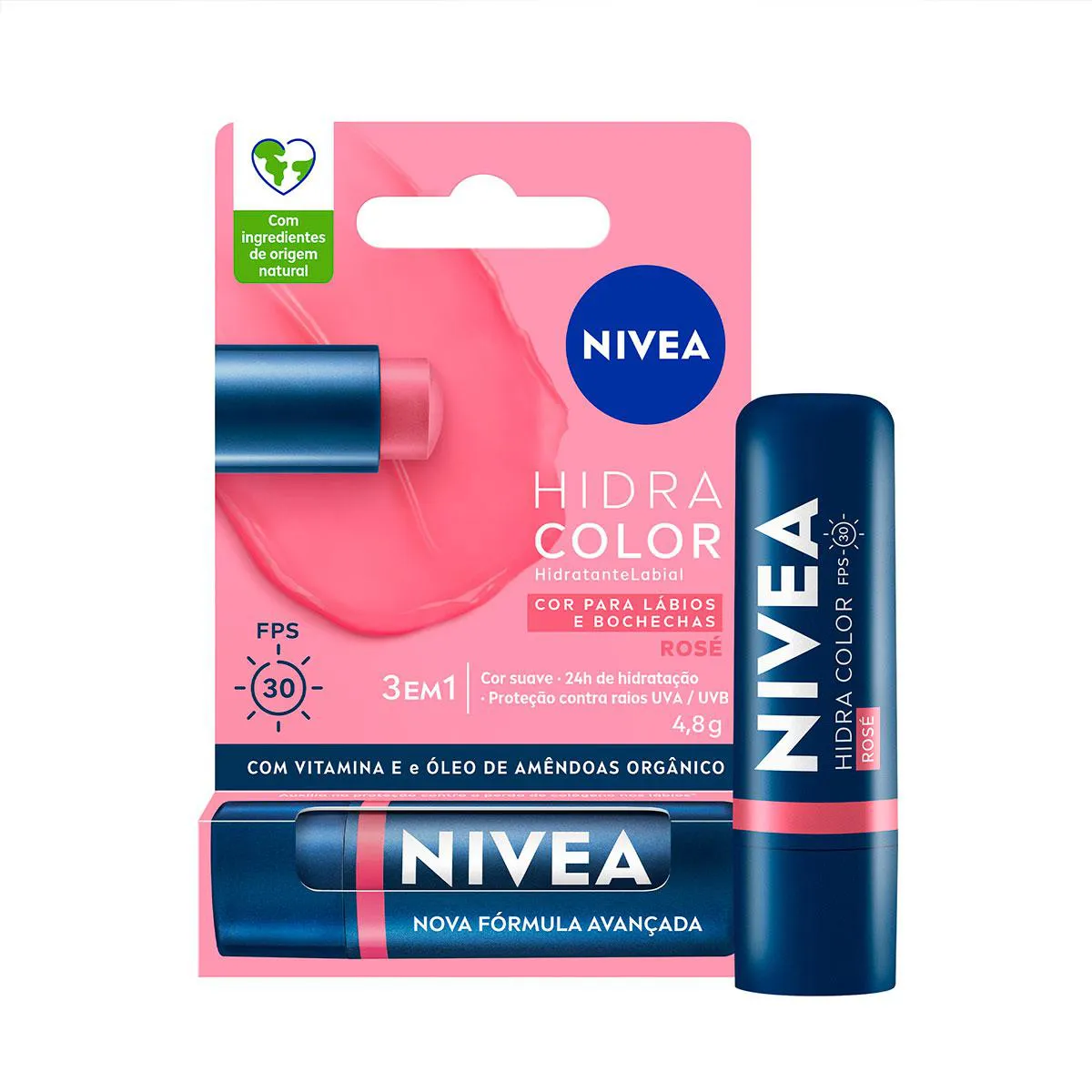 Hidratante Labial Nivea Hidra Color Rosé FPS 30 4,8g