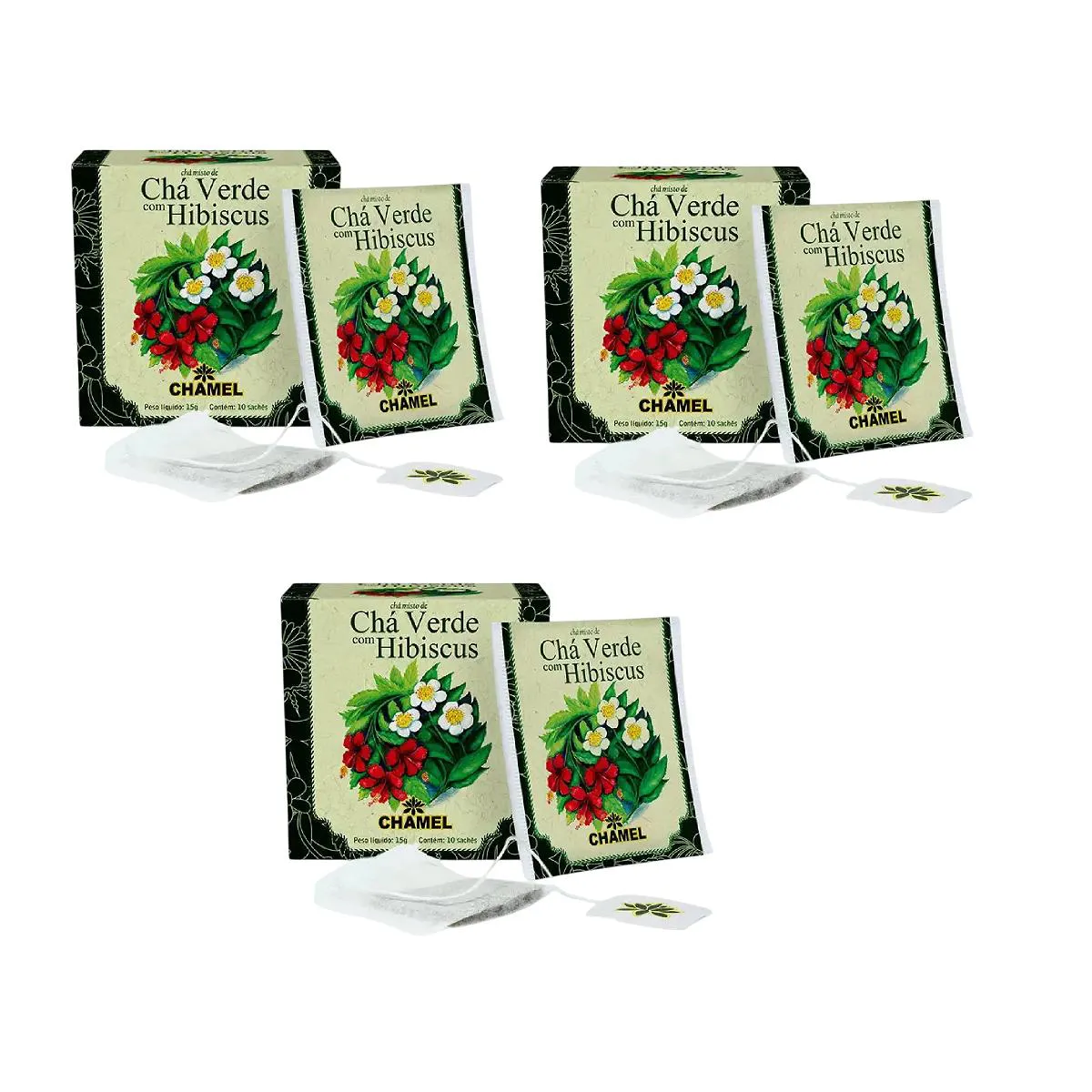 Kit 03 Chá Verde com Hibiscus com 10 Sachês 15g - Chamel