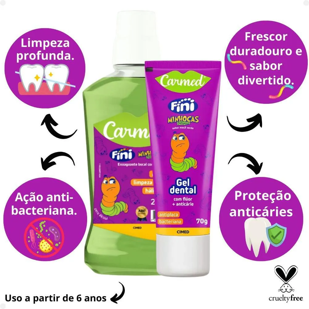 Kit Carmed Fini Minhocas Azedinhas: Gel Dental 70g e Enxaguante Bucal 250ml
