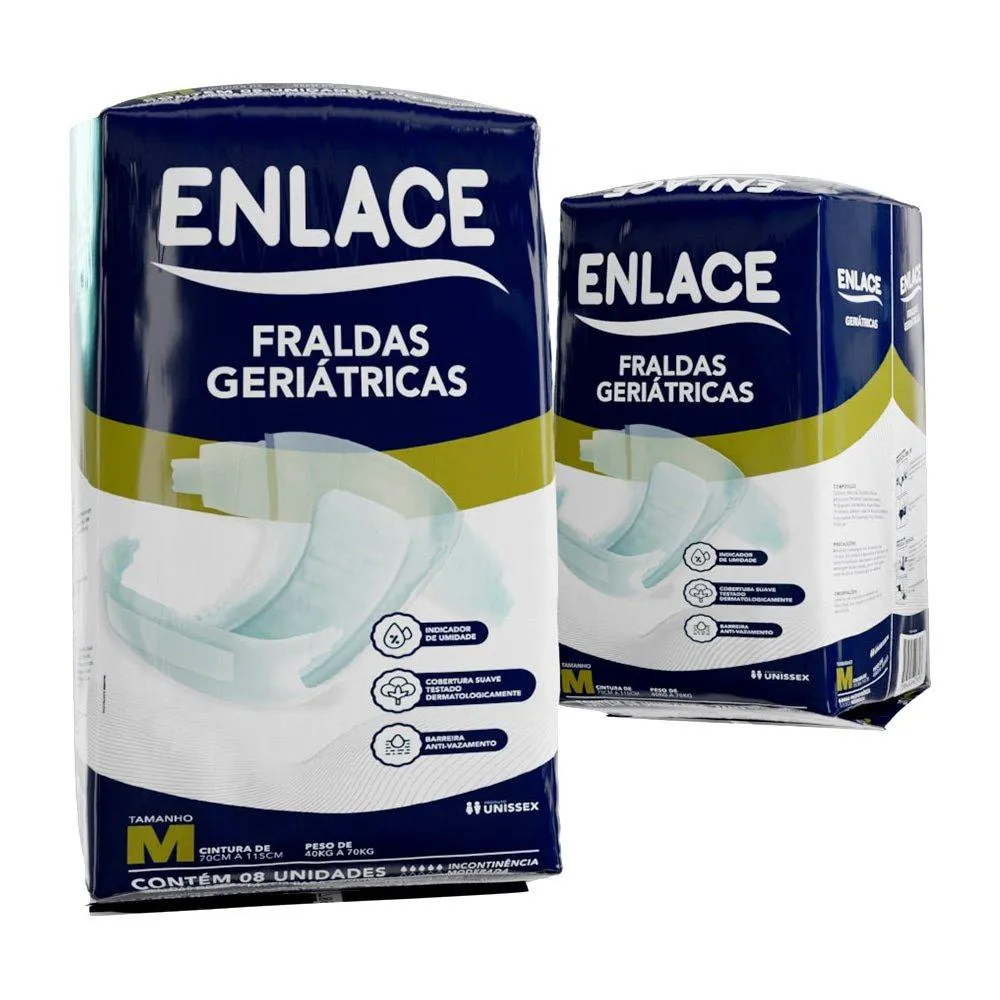Fralda Descartável Enlace Adulto Tamanho M - 8 Pacotes com 8 Fraldas - Total 64 Tiras