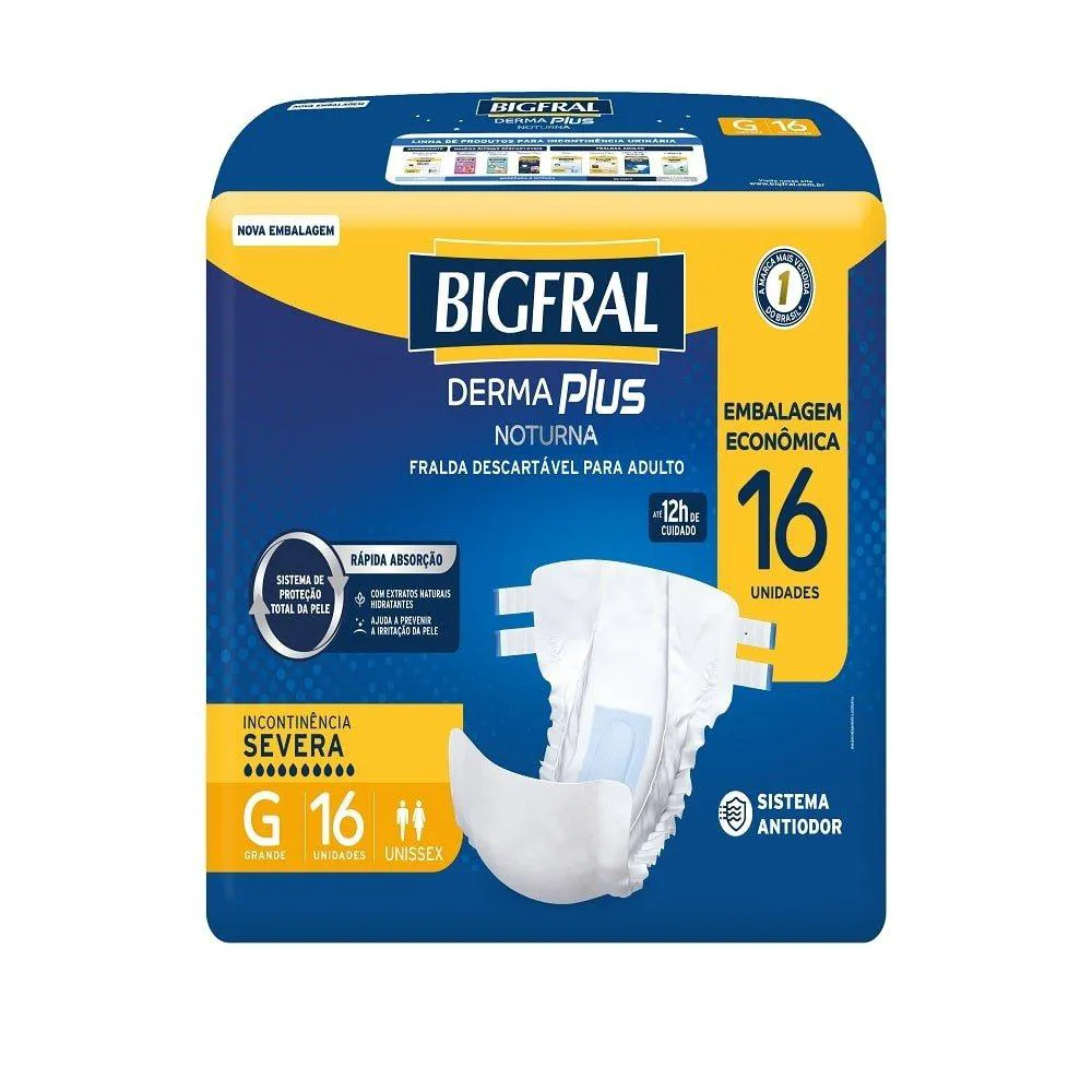 Fralda Descartável Adulto Bigfral Derma Plus Noturna Econômica Tamanho G - 4 Pacotes com 16 Fraldas - Total 64 Tiras