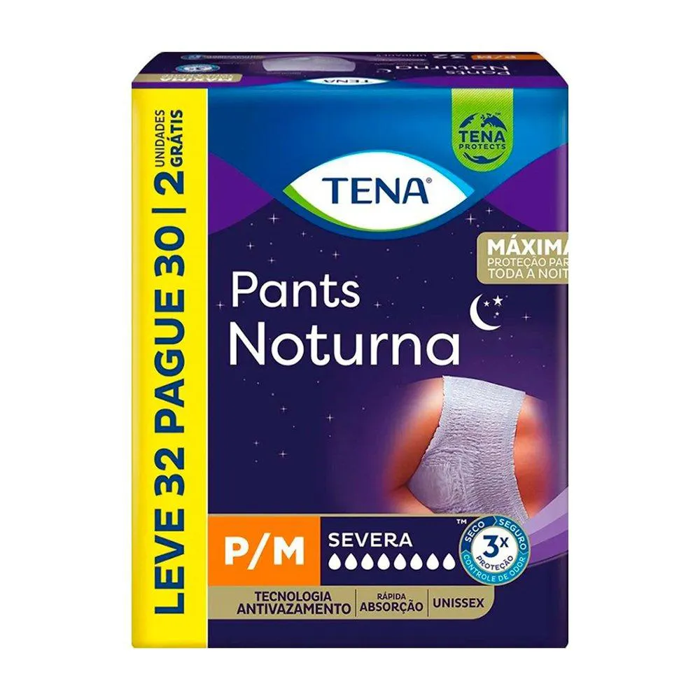 Fralda Descartável Adulto Tena Pants Noturna Tamanho P - 3 Pacotes com 32 Fraldas - Total 96 Tiras (leve 32 Pague 30)