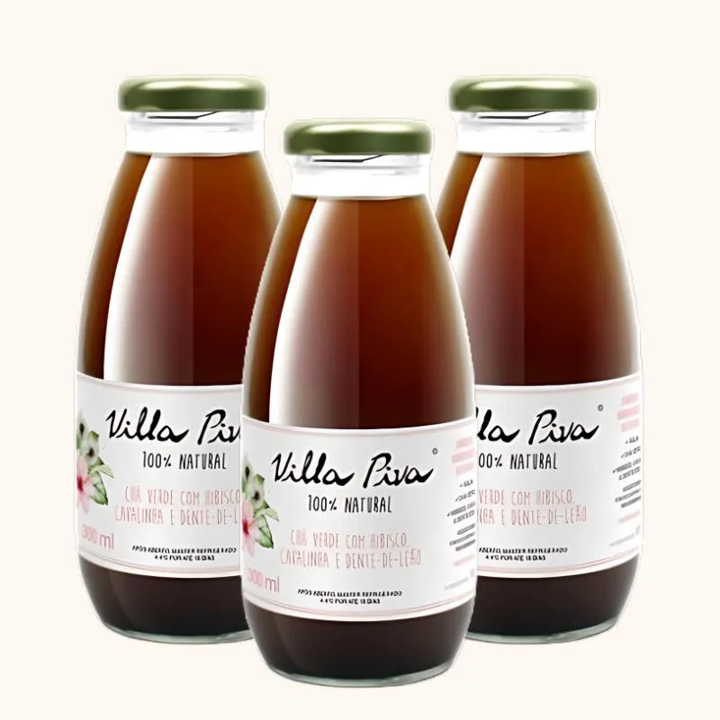 Kit 3x: Chá Verde com Dente de Leão, Cavalinha e Hibisco Sem Açúcar Villa Piva 300ml