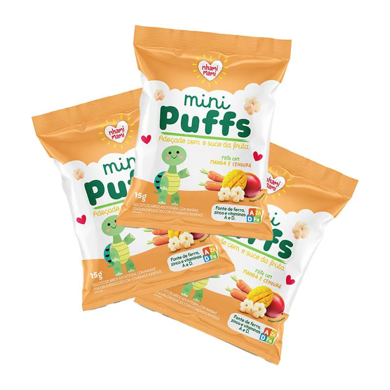 Kit 3x: Snack Infantil Mini Puffs Manga e Cenoura Nhami Mami 15g