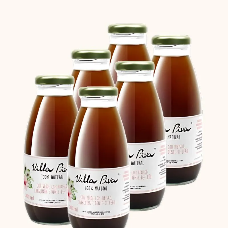 KIT 6X: CHá VERDE COM DENTE DE LEãO, CAVALINHA E HIBISCO SEM AçúCAR VILLA PIVA 300ML