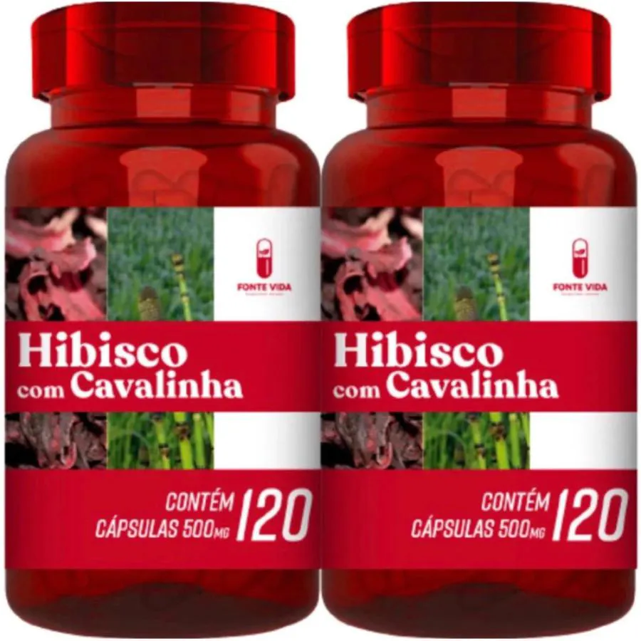 Kit 02 Hibisco com Cavalinha Natural Vegano 120 Capsulas 500mg Fonte Vida