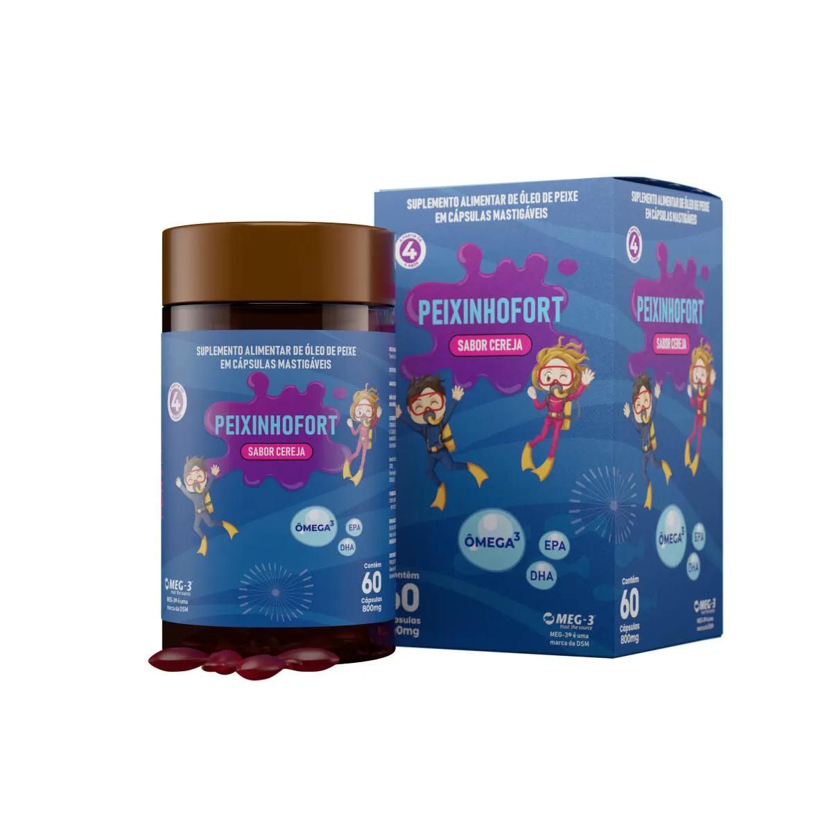 Peixinho Fort Ômega 3 Infantil 60 cápsulas Mastigáveis Sabor Cereja Fortlife