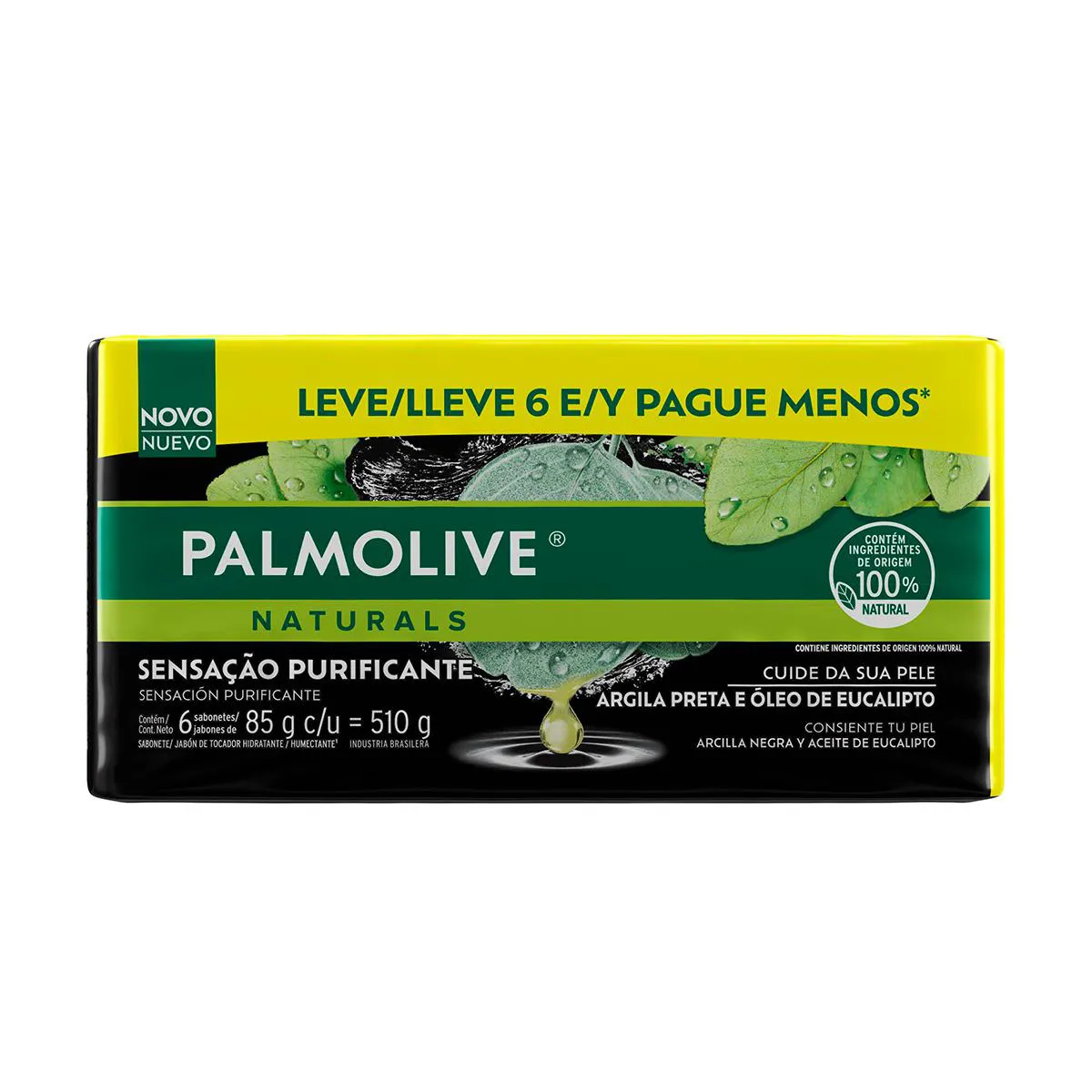Kit Sabonete em Barra Palmolive Naturals Argila Preta e Eucalipto 6 unidades de 85g cada