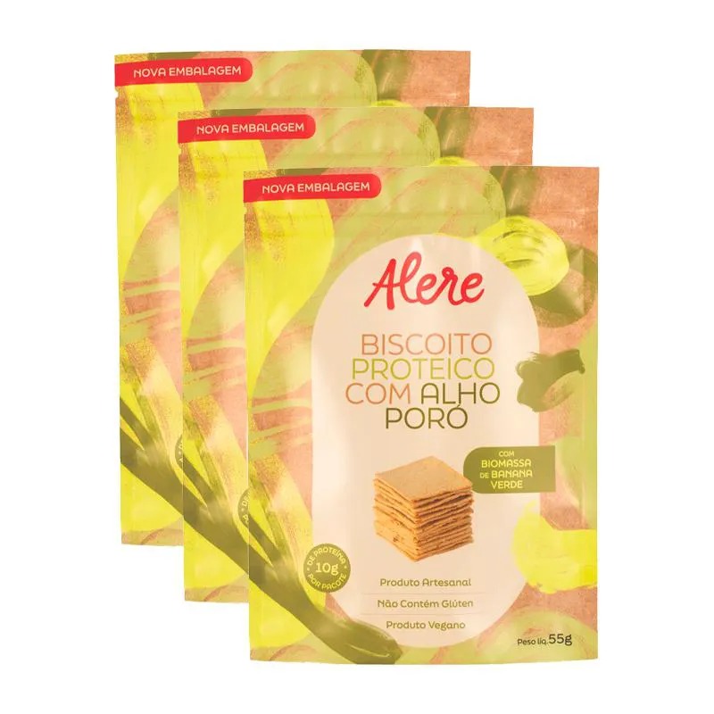 Kit 3X: Biscoito Proteico com Alho Poró sem Glúten Alere 55G