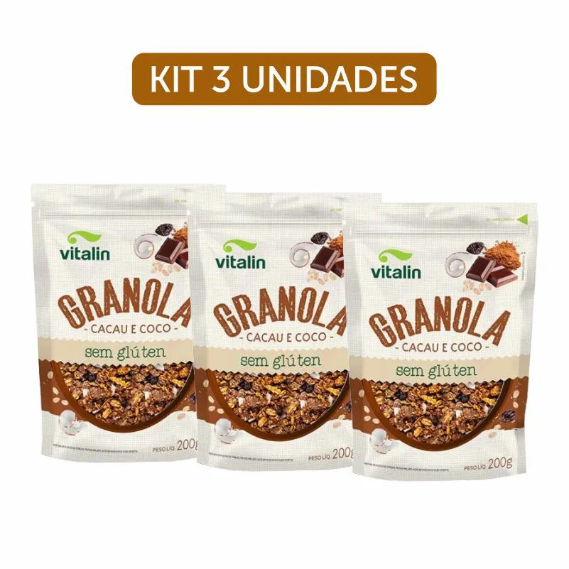 Kit 3x: Granola Cacau e Coco Sem Glúten Vitalin 200g