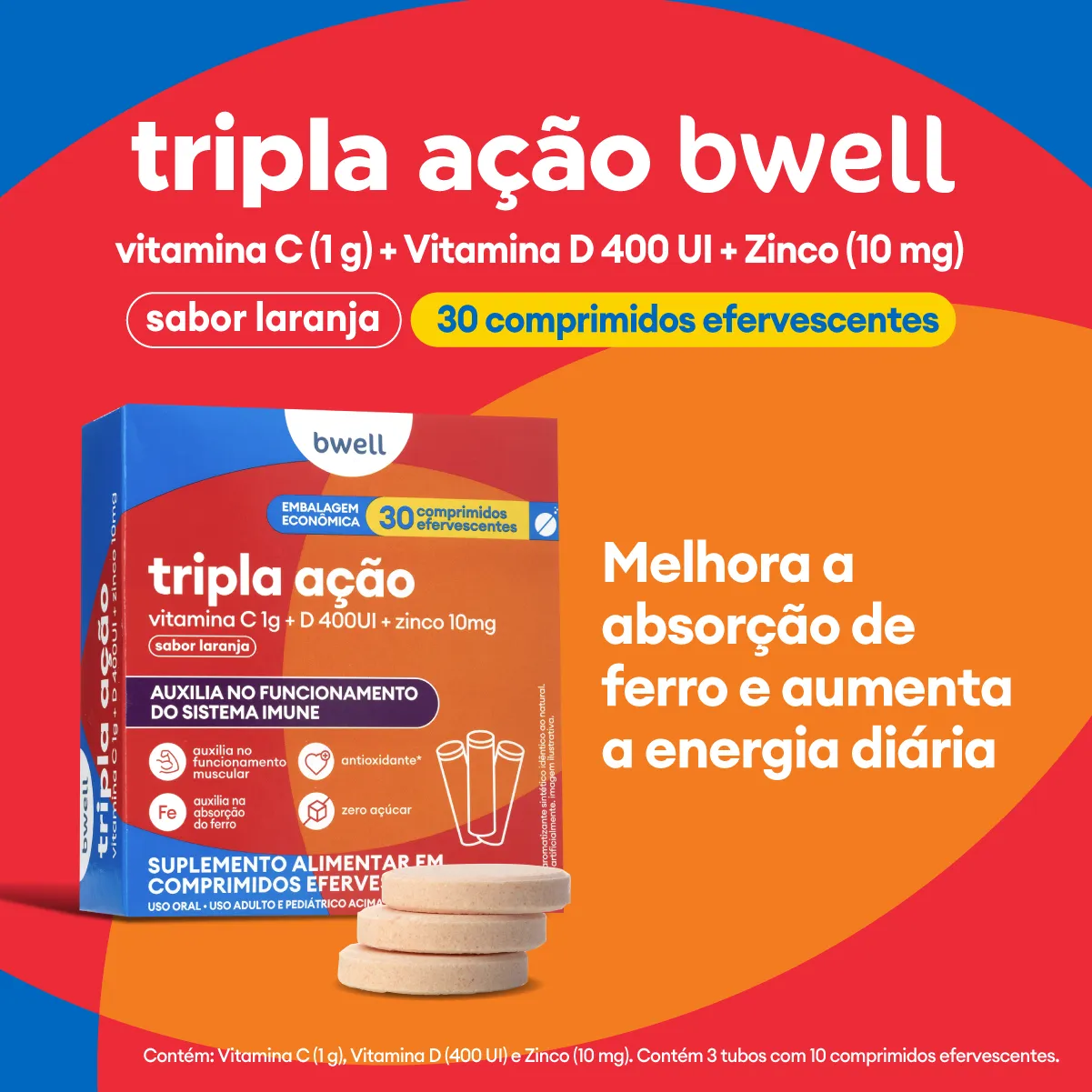 Vitamina C bwell Tripla Ação 30 Comprimidos Efervescentes