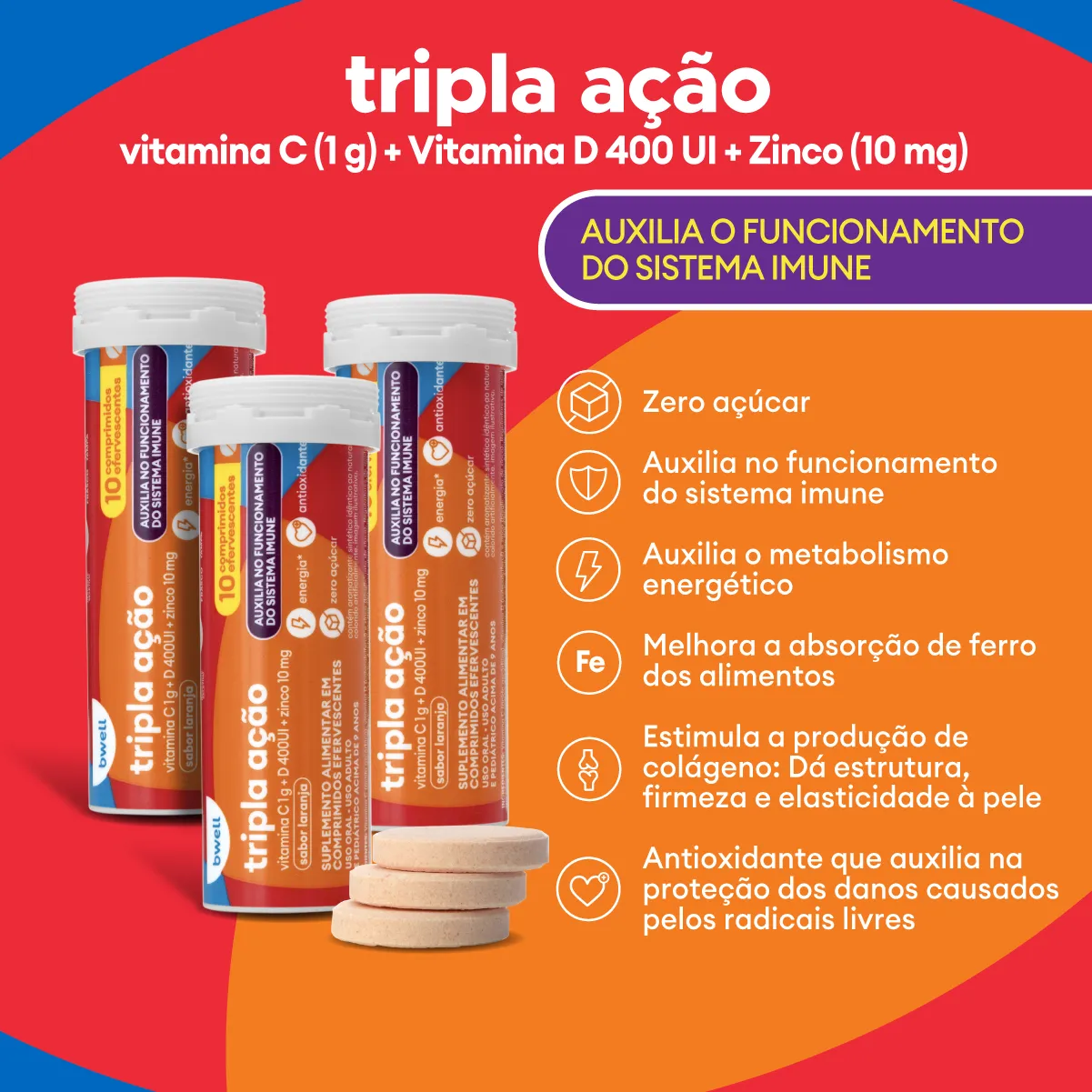 Vitamina C bwell Tripla Ação 30 Comprimidos Efervescentes