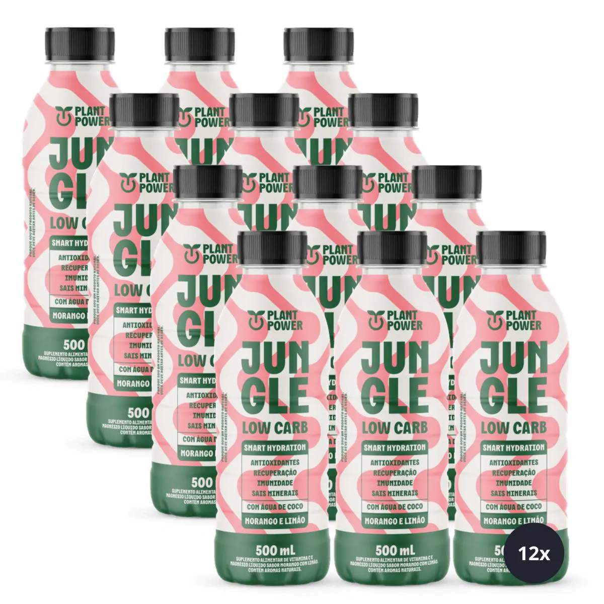 12x Isotônico Jungle Low Carb Plant Power Morango e Limão 500ml