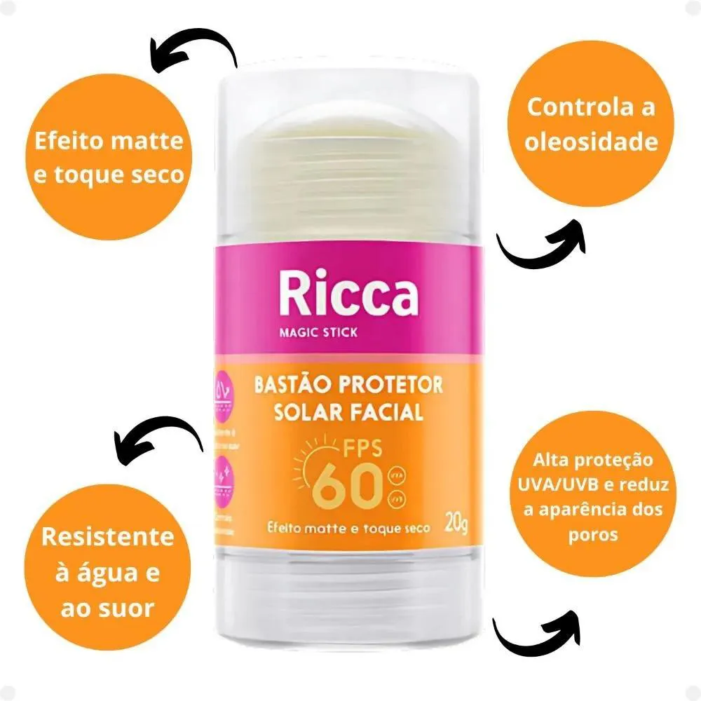Bastão Protetor Solar Facial Fps60 Efeito Matte 20g Ricca