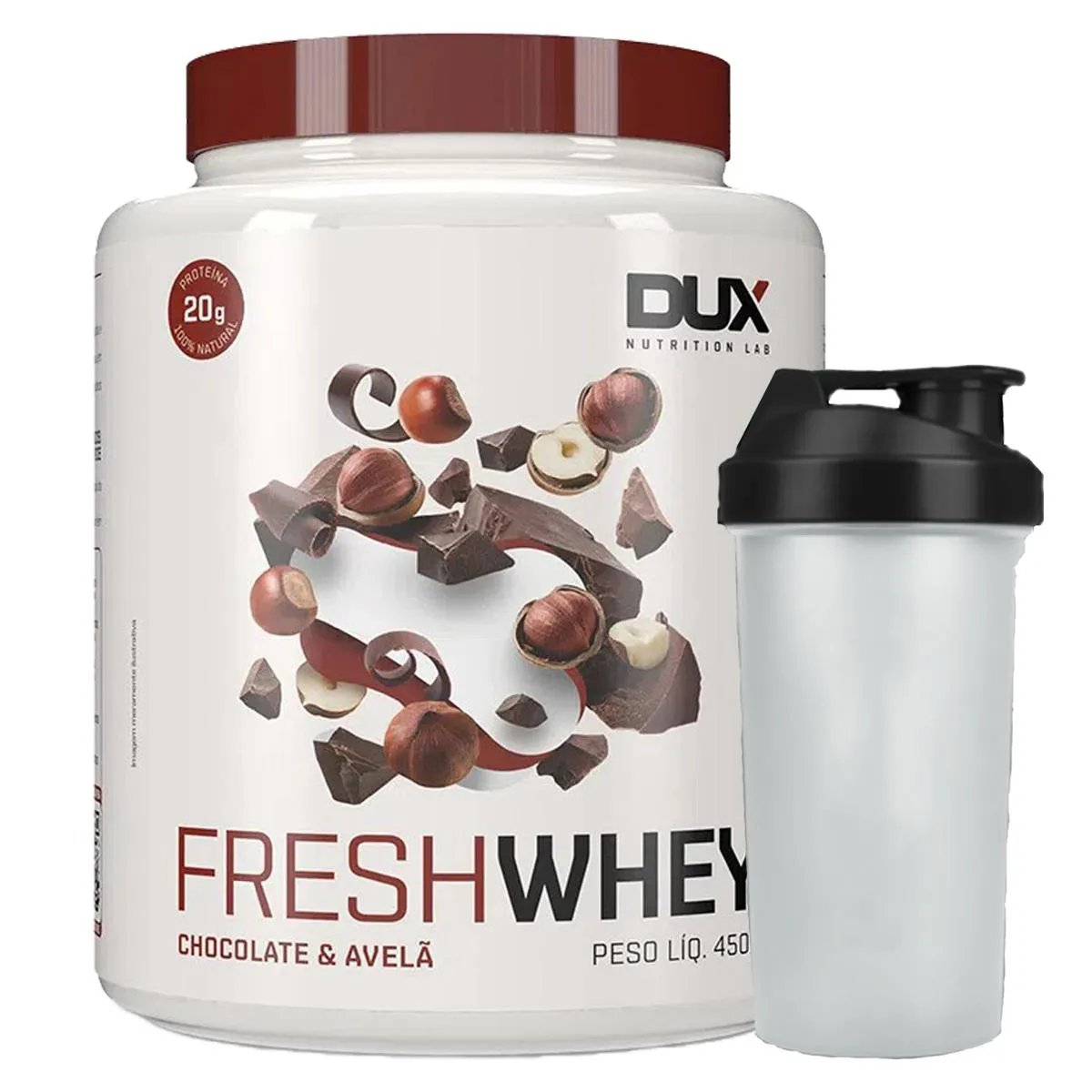 Combo Fresh Whey Conc. Isolado Hidrolisado Chocolate Belga e Avela 450g + Coqueteleira Dux Nutrition