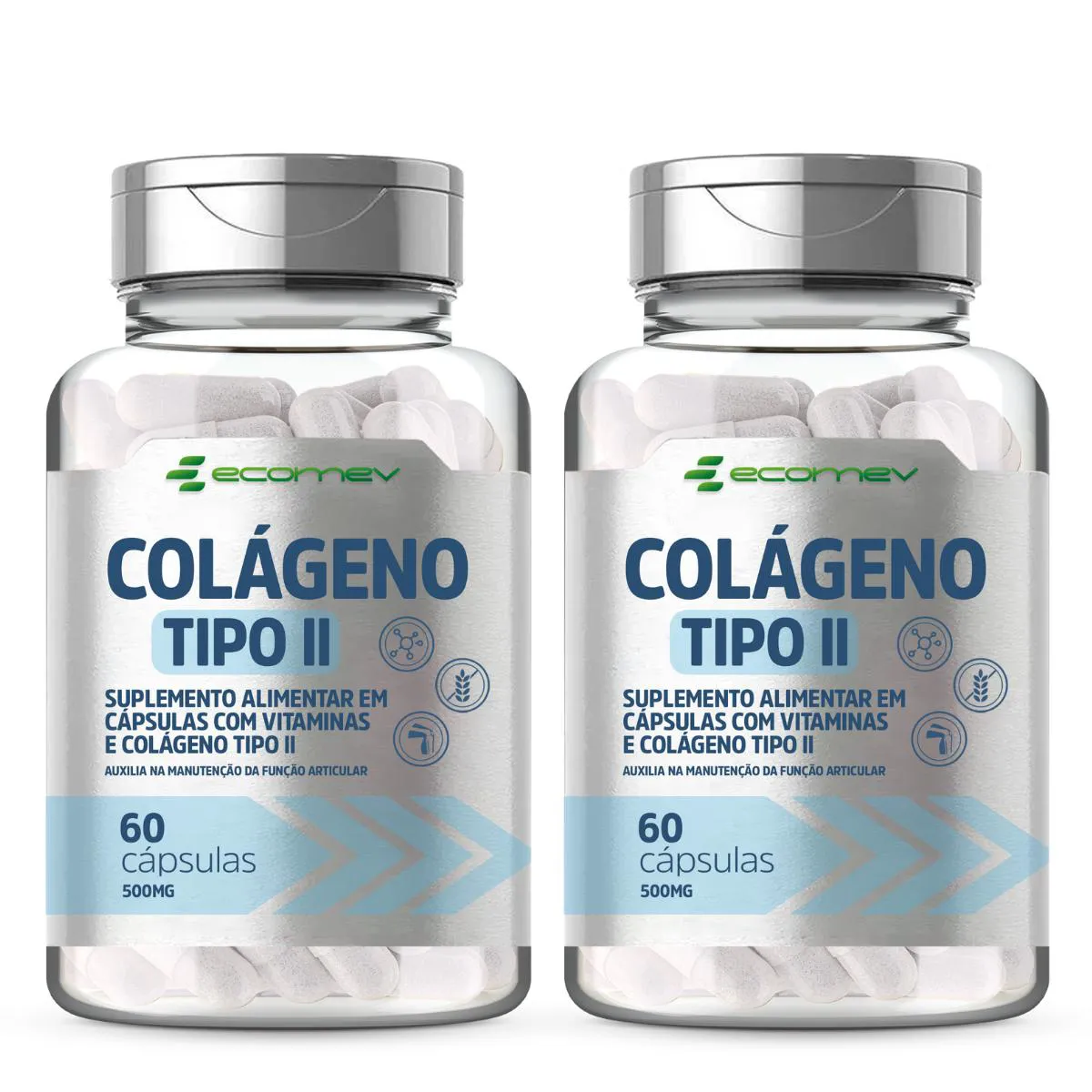 2x Colageno Tipo 2 com Vit C e D3 B1 B3 B6 B12 500mg 60 cápsulas Ecomev