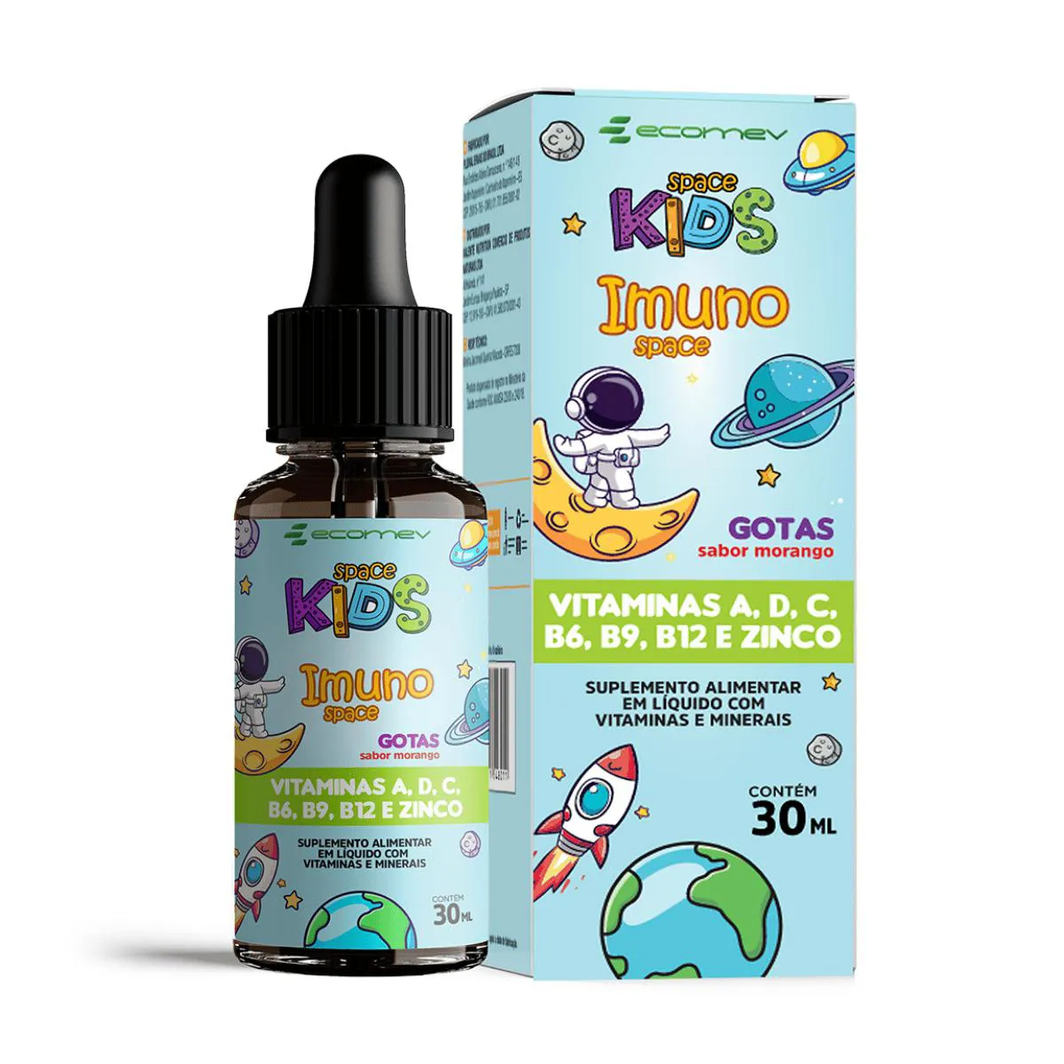Multivitaminico Imuno Kids Vit A D3 C B6 B9 B12 e Zinco 30ml Ecomev Sabor Morango
