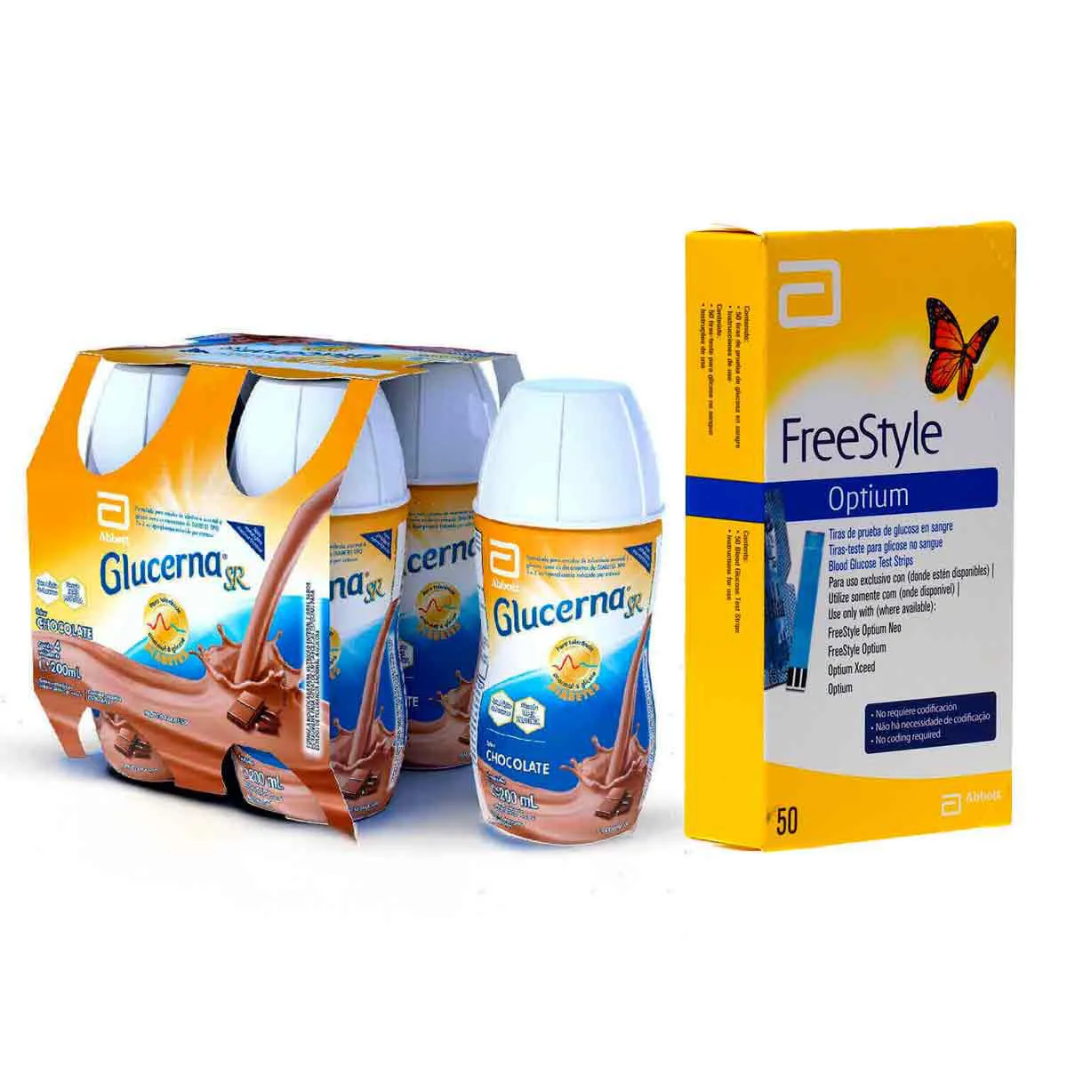 Kit Suplemento Alimentar Glucerna SR Chocolate 4 unidades com 200ml cada + Tiras para Teste de Glicemia Freestyle Optium 50 Unidades